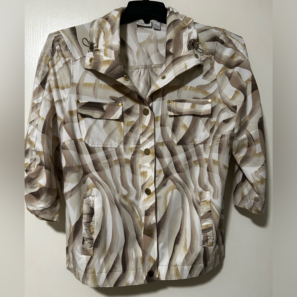 Zenergy by Chico's Beige White Taupe Whispy Design With Shimmer Size 1 Gold Snap